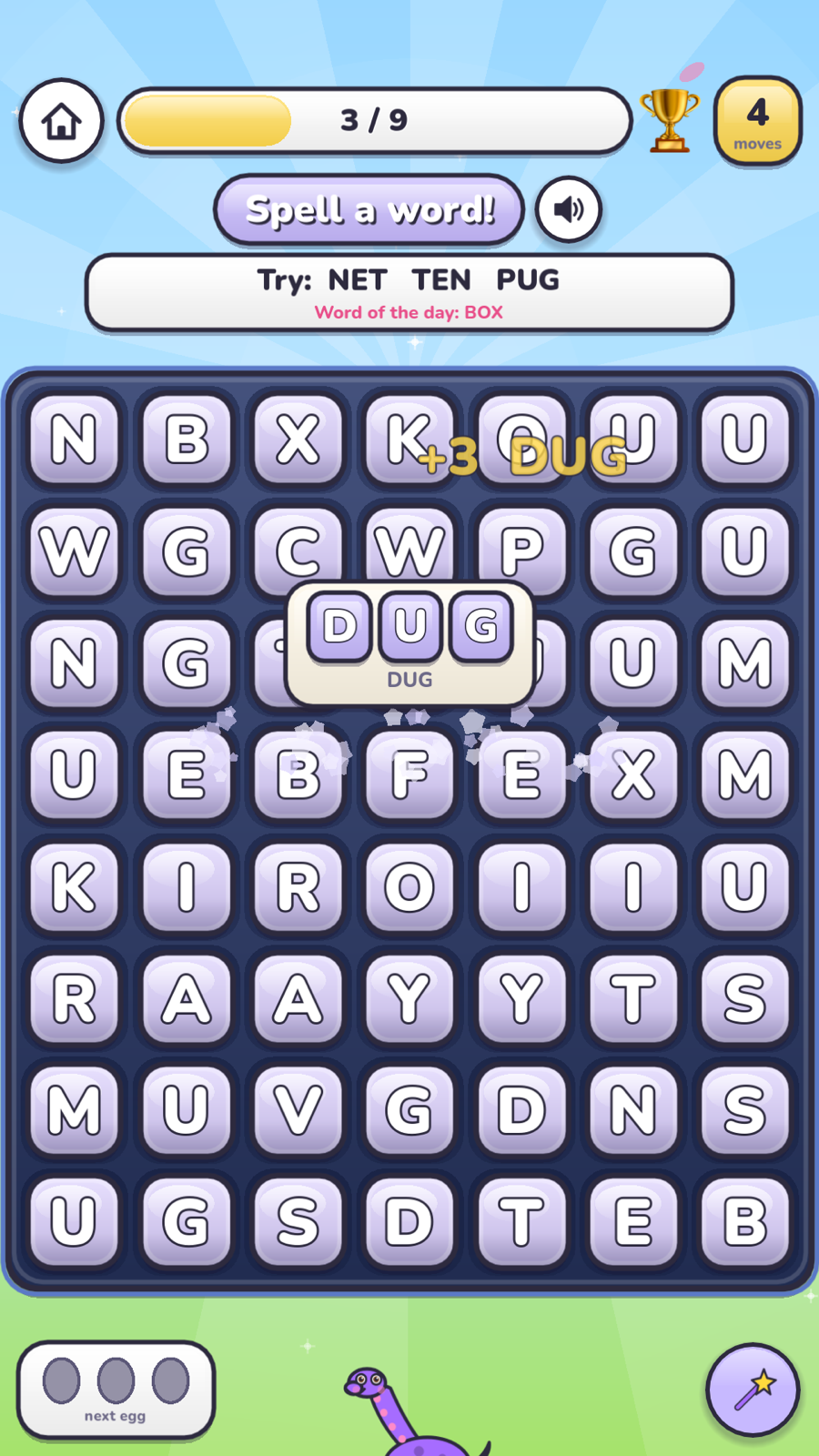 A letters level: swap tiles to spell a real word, with a Try bank of words the board can make
