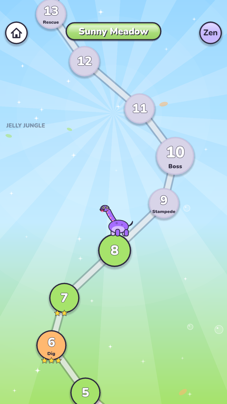 The map: story, rescue, dig, stampede, and boss levels across five worlds, plus Zen