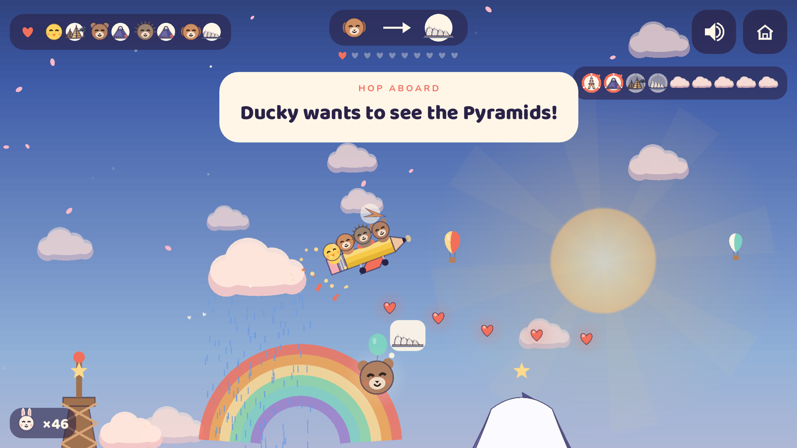 Flying the pencil plane over a rainbow with a full load of friends: Ducky wants to see the Pyramids