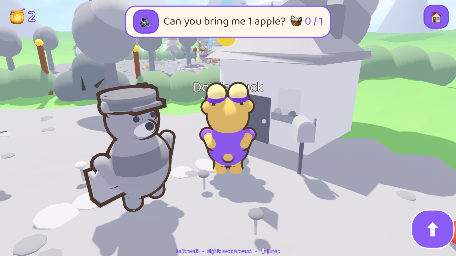 A counting quest in the gray meadow: Dottie Duck asks for one apple