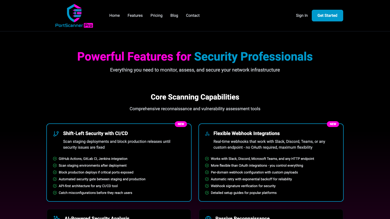 Features: CI/CD security gates for GitHub Actions, GitLab CI, and Jenkins, plus webhooks for Slack, Discord, Teams, or any endpoint