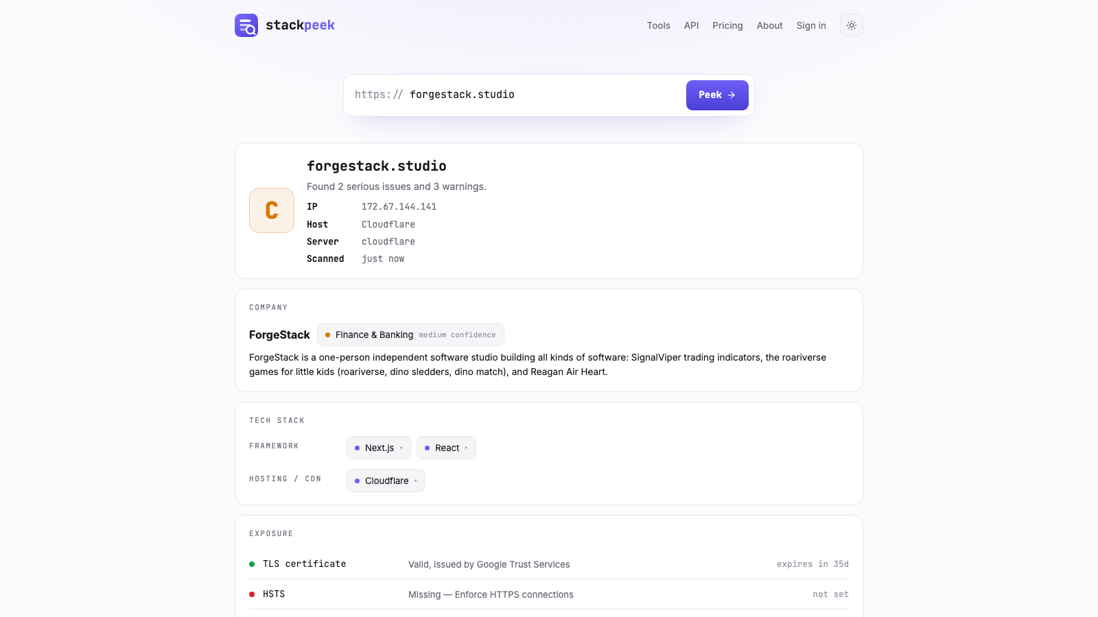 A Stackpeek report for forgestack.studio: grade, IP and host, the company behind it, the tech stack, and exposure findings